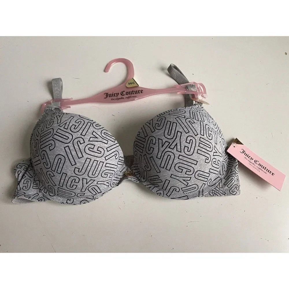 Juicy Couture Sexy Push Up Bra 36C Heather Grey Block Logo JC6650F NEW